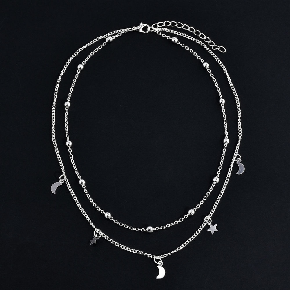 Silver Layered Moon & Stars Bib Choker Necklace - Picture 4 of 6